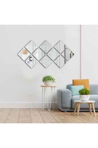 Dekoratif Kare Gümüş Ayna Pleksi Duvar Süsü Gümüş 15 Adet ( Yapışkanlı )