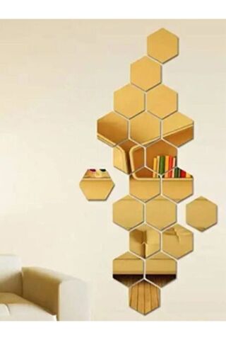 Bal Peteği Dekoratif Pleksi Ayna Kendiliğinden Yapışkanlı Gold Renk (12 ADET X 8,5 CM X 7,5 CM)