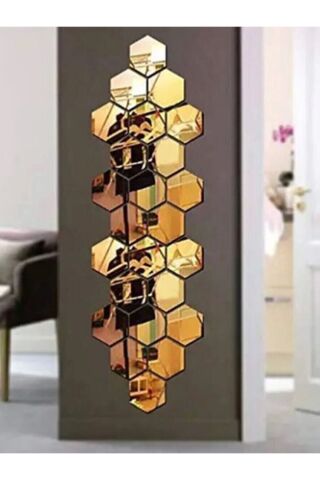 Bal Peteği Dekoratif Pleksi Ayna Kendiliğinden Yapışkanlı Gold Renk (12 ADET X 8,5 CM X 7,5 CM)