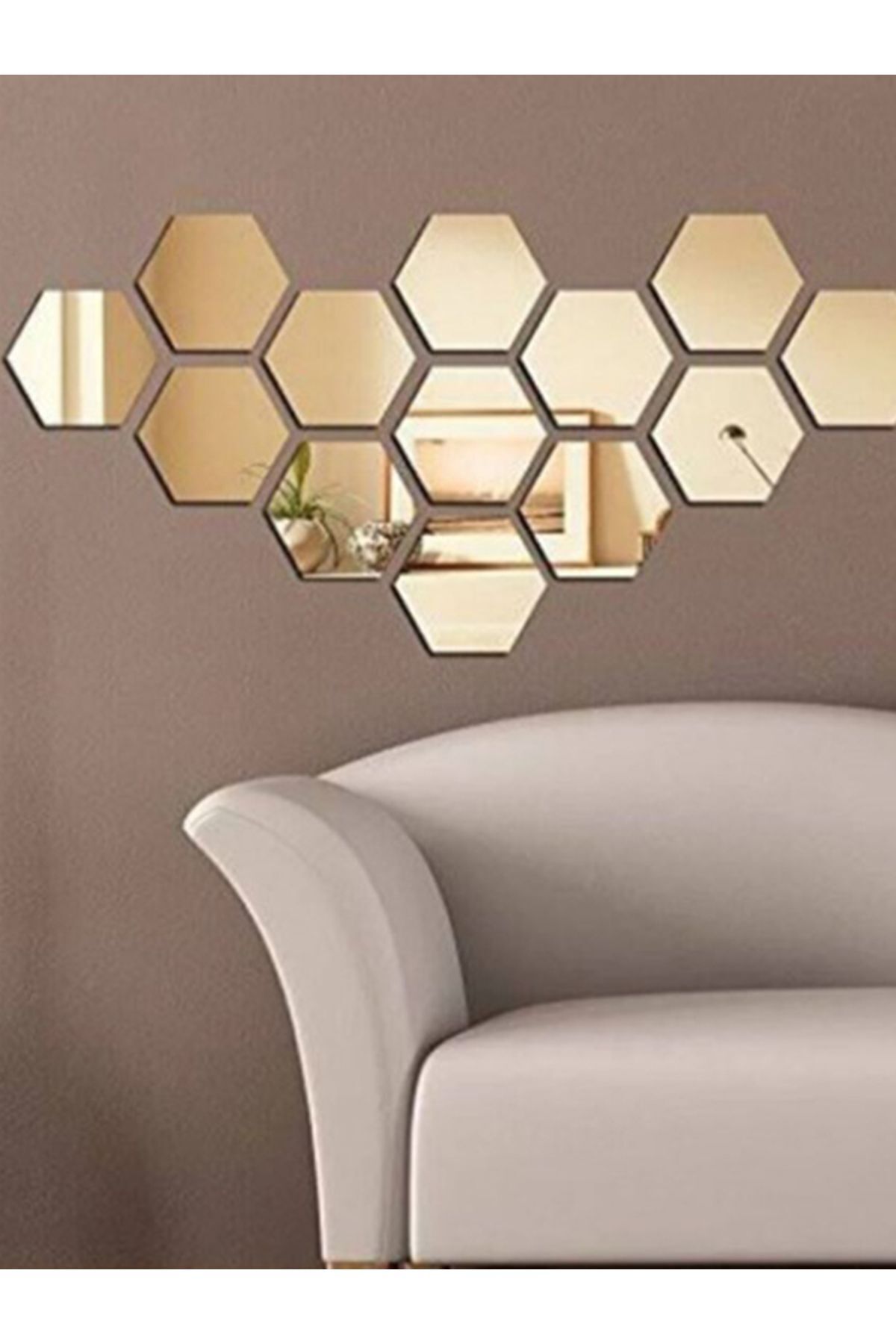 Bal Peteği Dekoratif Pleksi Ayna Kendiliğinden Yapışkanlı Gold Renk (12 ADET X 8,5 CM X 7,5 CM)