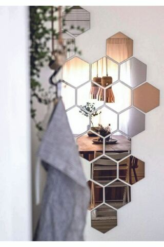 Bal Peteği Gold Dekoratif Altıgen 12x Süs Akrilik Ayna 7,5x8,5cm Antre Duvar Pleksi Yapışkan Bantlı