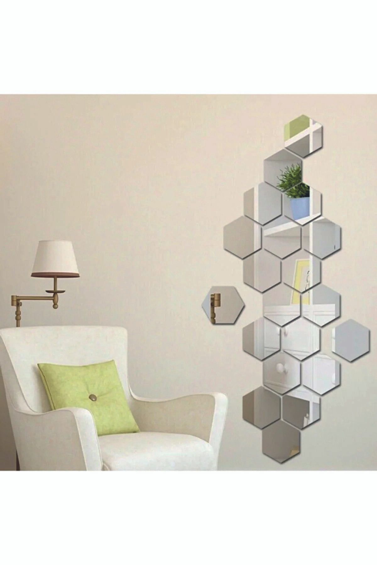 Bal Peteği Gold Dekoratif Altıgen 12x Süs Akrilik Ayna 7,5x8,5cm Antre Duvar Pleksi Yapışkan Bantlı