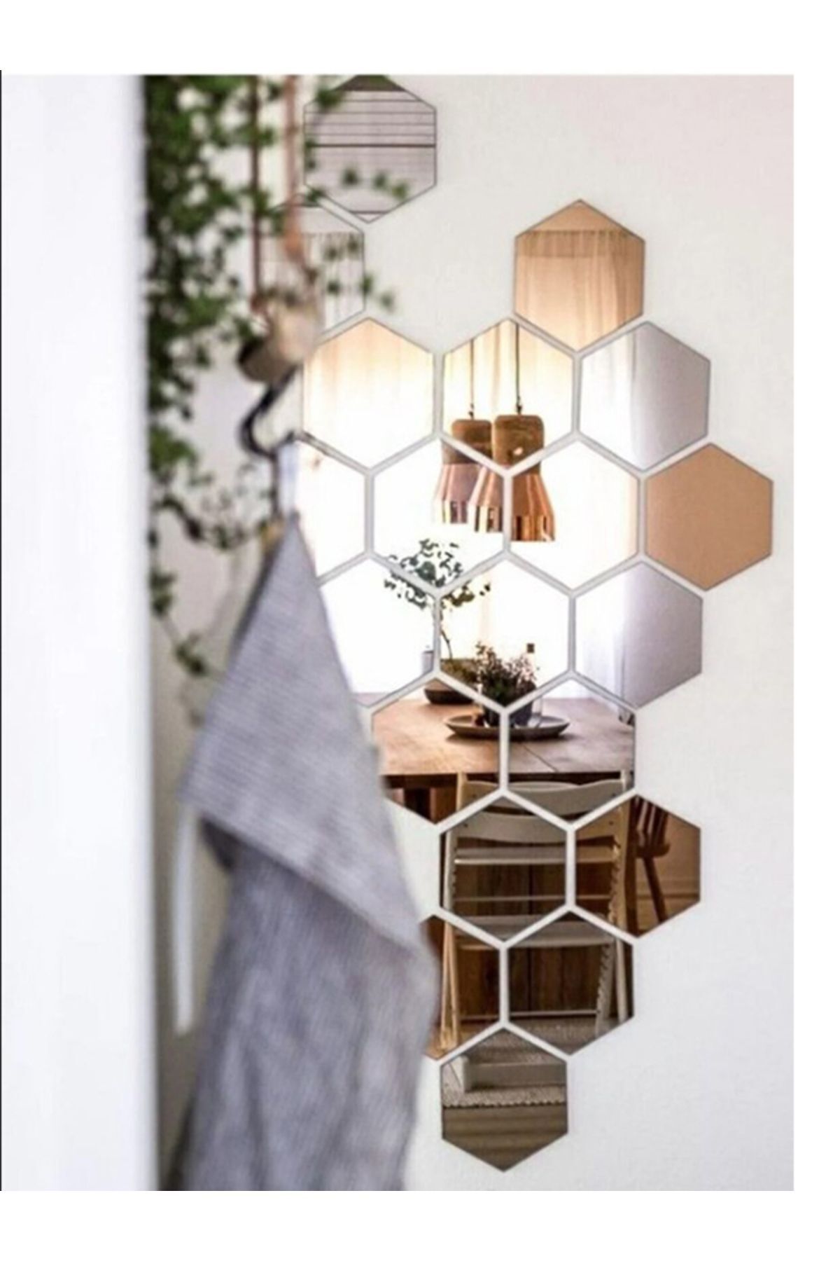 Bal Peteği Dekoratif Pleksi Ayna Kendiliğinden Yapışkanlı Gümüş Renk (12 ADET X 8,5 CM X 7,5 CM)