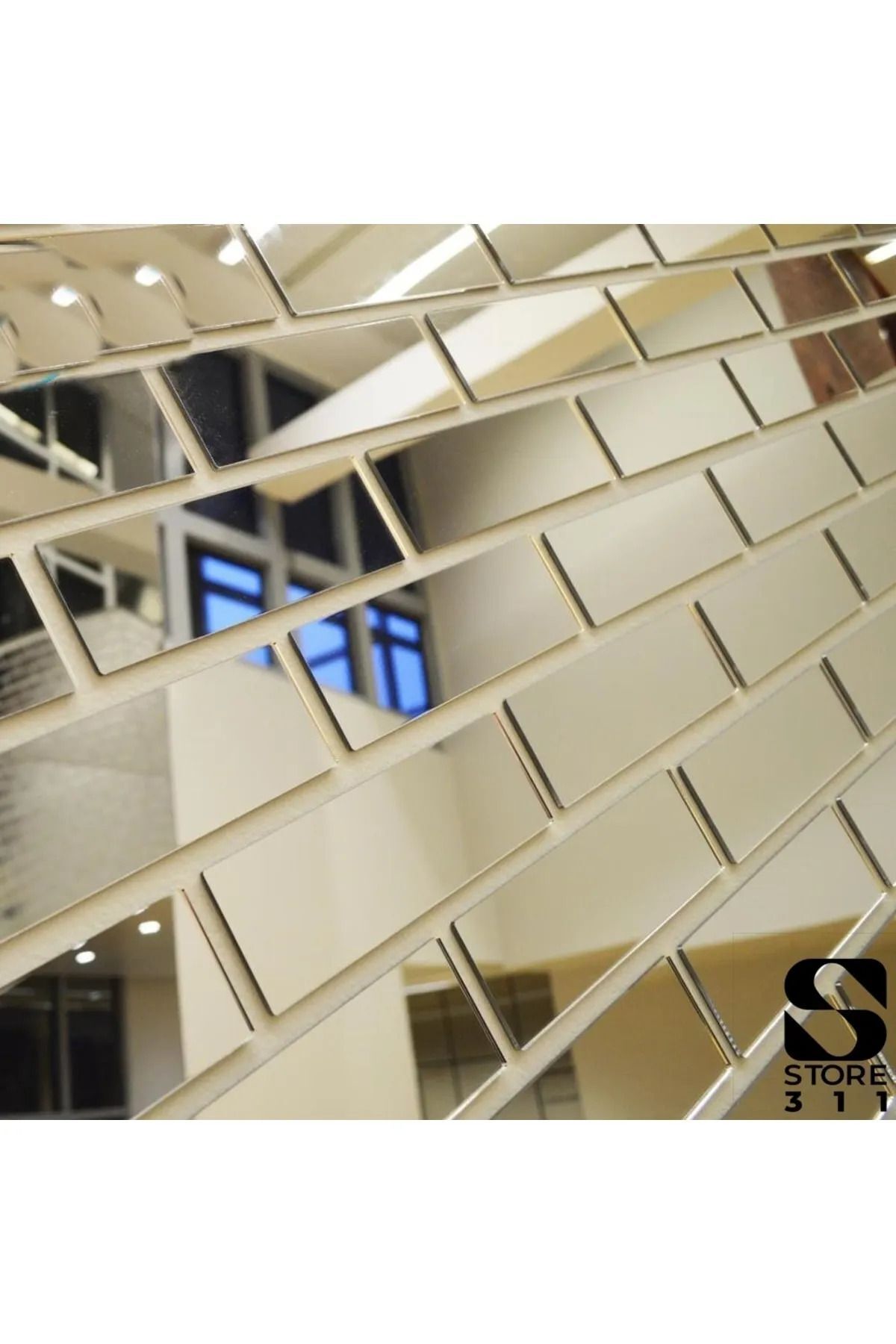 Dekoratif Tuğla Desenli Pleksi Ayna Gümüş Renk Kendinden Yapışkanlı (10 Adet 5cm x 20cm)